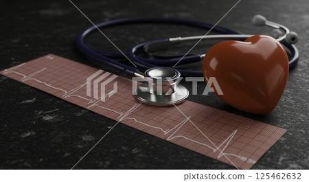 Stethoscope, heart, and electrocardiogram on a dark surface. Concept for cardiology, healthcare, medical checkup, and heart health. 125462632