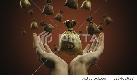 Hands catch falling money bags with dollar signs, symbolizing wealth, investment, and financial success. 125462638