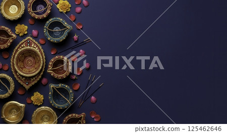 A vibrant arrangement of decorative oil lamps and flower petals on a dark background, perfect for festive occasions like Diwali or cultural celebrations. A vibrant arrangement of decorative oil lamps and flower petals on a dark background, perfect for festive occasions like Diwali or cultural celebrations. 125462646