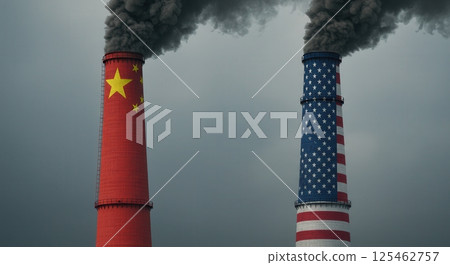 Two factory chimneys with the Chinese and American flags emit smoke into the sky, representing competing industrial powers and pollution issues. 125462757