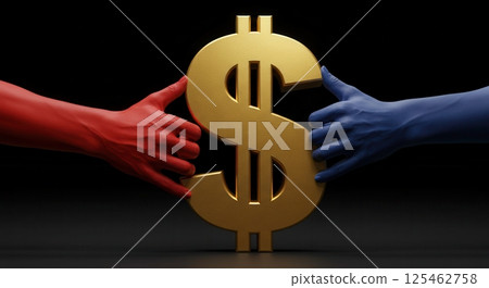 Red and blue hands tug at a gold dollar sign, illustrating economic rivalry. Concept for finance, trade, competition, and international relations. 125462758