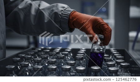 Close up of a gloved hand selecting a vial of purple liquid from a tray filled with similar vials, representing pharmaceutical research, vaccine development, or medical testing. 125462776