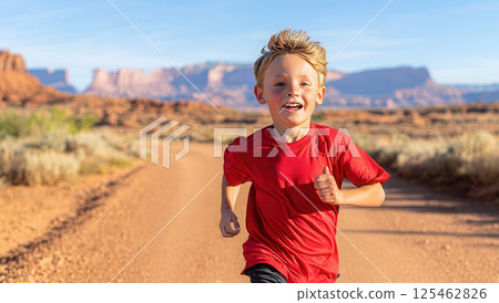 A joyful young boy running on a dirt road in a scenic landscape, showcasing energy and enthusiasm in a natural outdoor setting. 125462826