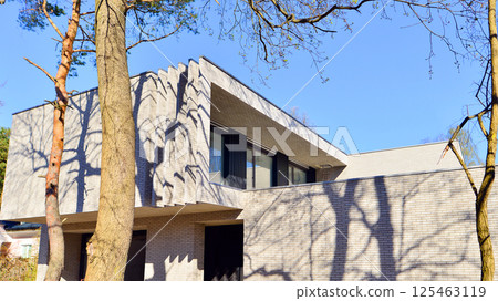 Luxury real estate single family house with white modern facade. A suburban district of single-family homes. Luxury real estate single family house with white modern facade. A suburban district of single-family homes. 125463119