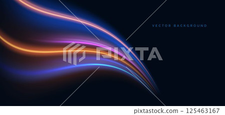 Futuristic glowing blue and orange wave rays on dark blue background. Hi-speed night effect blur speed motion moving. Futuristic glowing blue and orange wave rays on dark blue background. Hi-speed night effect blur speed motion moving. 125463167