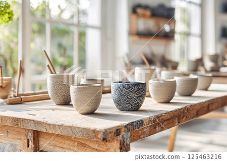Handcrafted ceramic cups with unique glaze patterns, placed on a wooden workbench, artisanal pottery 125463216