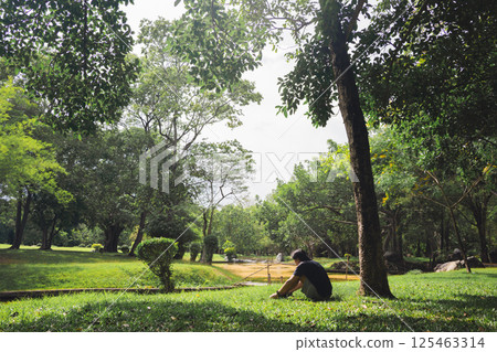 wellness concept with asian man exercise with tree in park on summer season 125463314