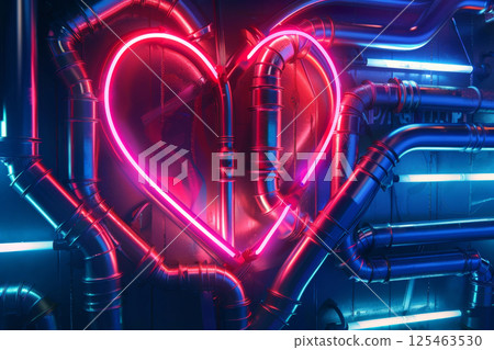 Vibrant Neon Heart on Industrial Pipe Background for Modern Urban Decor 125463530
