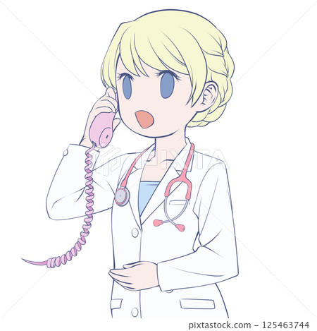 金髮女醫生在電話裡說話，微笑 125463744
