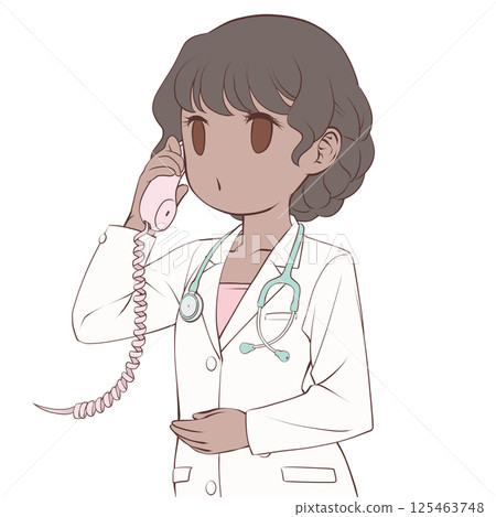 A dark-skinned female doctor talking on the phone, calling A dark-skinned female doctor talking on the phone, calling 125463748
