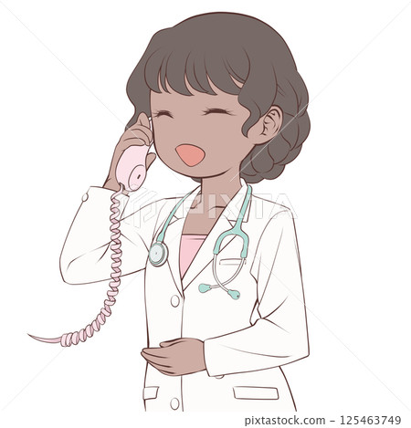 A dark-skinned female doctor talking on the phone, smiling 125463749
