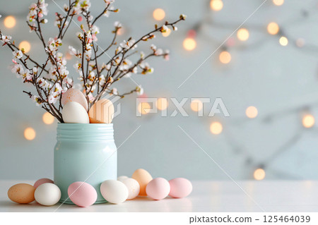 Pastel Easter ornaments and soft lighting create a warm, inviting festive feel in a cozy home Pastel Easter ornaments and soft lighting create a warm, inviting festive feel in a cozy home 125464039