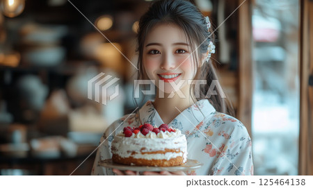 A young woman holding a homemade cake with a smile 125464138