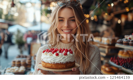 A young woman holding a homemade cake with a smile 125464139