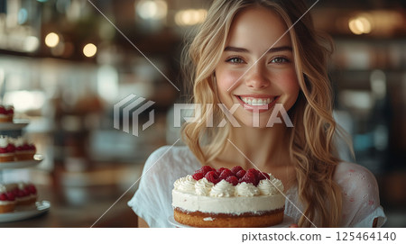 A young woman holding a homemade cake with a smile 125464140