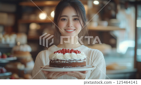 A young woman holding a homemade cake with a smile 125464141