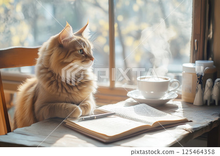 Coffee and a cat sitting quietly by the window 125464358
