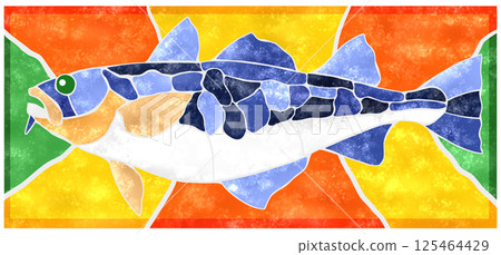 Colorful tile-style cut-out illustration of a saltwater fish called cod with background 125464429