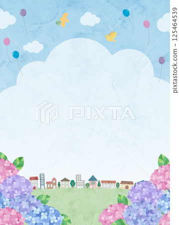Watercolor style landscape illustration of hydrangea and cityscape 125464539