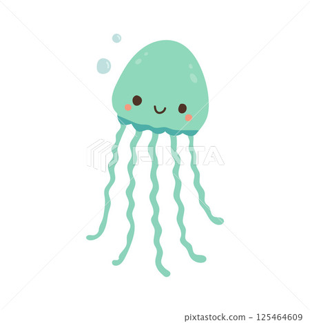Smiling blue jellyfish with flowing tentacles and gentle bubbles, great for aquatic posters, undersea storybooks, and adorable sea animal sets Smiling blue jellyfish with flowing tentacles and gentle bubbles, great for aquatic posters, undersea storybooks, and adorable sea animal sets 125464609