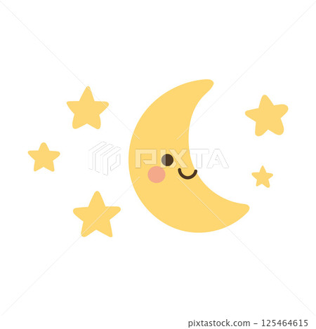 Smiling crescent moon with cheerful stars in a yellow night sky, great for bedtime prints, dream-themed art, and playful celestial decor for kids 125464615