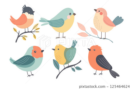 Cute cartoon birds perched on leafy branches with colorful feathers, playful poses, and soft pastel shades perfect for spring wildlife and nature illustrations Cute cartoon birds perched on leafy branches with colorful feathers, playful poses, and soft pastel shades perfect for spring wildlife and nature illustrations 125464624