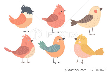 Six colorful cartoon birds with round bodies and soft feathers perch joyfully, ideal for spring wildlife art, nursery decor, or cute seasonal illustrations Six colorful cartoon birds with round bodies and soft feathers perch joyfully, ideal for spring wildlife art, nursery decor, or cute seasonal illustrations 125464625
