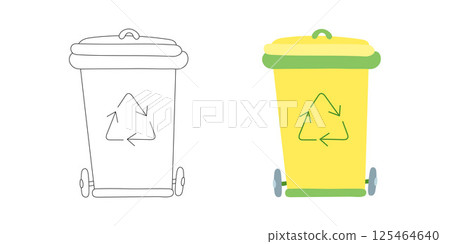 Yellow recycling bin with green lid and wheels, eco-friendly symbol for sustainable waste collection, trash sorting, and urban environmental awareness Yellow recycling bin with green lid and wheels, eco-friendly symbol for sustainable waste collection, trash sorting, and urban environmental awareness 125464640