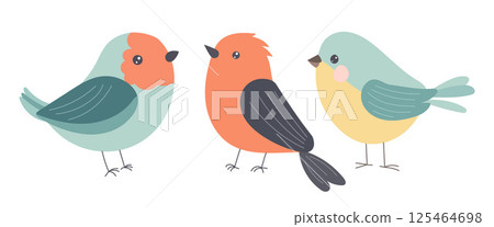 Three happy birds in pastel tones with bright plumage and detailed wings, ideal for kids stationery, nature artwork, or cheerful animal-themed prints 125464698
