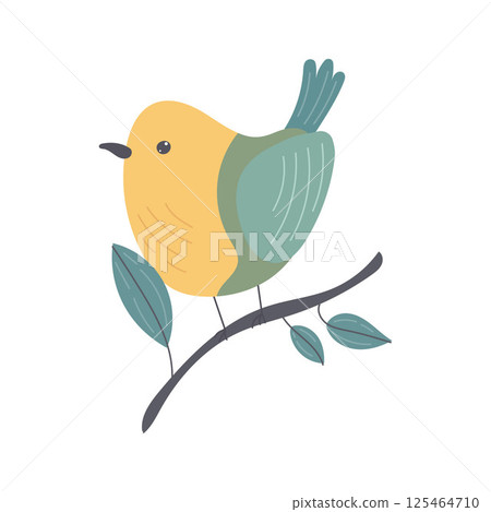 Yellow and green bird sitting on leafy twig, ideal for nature themed designs, whimsical decor, or kids wildlife illustrations with gentle botanical accents 125464710