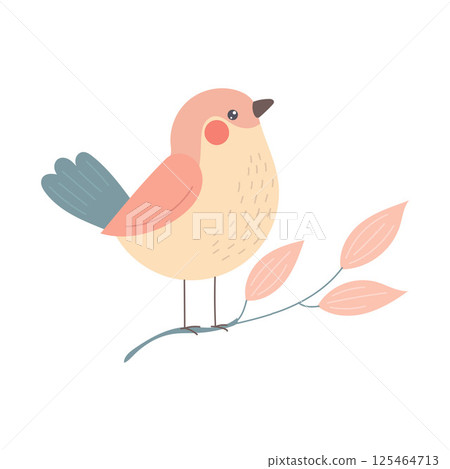 Sweet pastel bird with pink wings and cream body resting on delicate pink leaves, great for spring clipart, nursery art, and soft minimal wildlife design 125464713