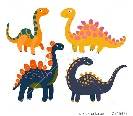 Grouped cartoon dinosaurs in cheerful poses with bright hues, perfect for educational stickers, birthday posters, and fun prehistoric illustration sets Grouped cartoon dinosaurs in cheerful poses with bright hues, perfect for educational stickers, birthday posters, and fun prehistoric illustration sets 125464733