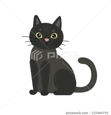 Black cartoon cat with green eyes and sleek fur sits calmly in a minimal flat sketch, ideal for Halloween prints, pet-themed designs, or character art Black cartoon cat with green eyes and sleek fur sits calmly in a minimal flat sketch, ideal for Halloween prints, pet-themed designs, or character art 125464735