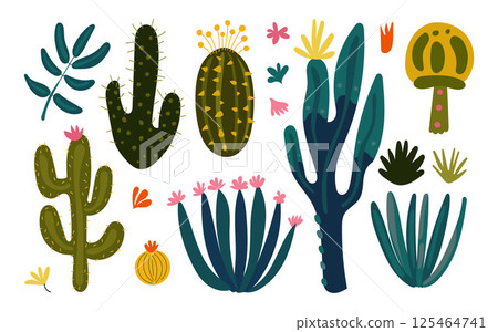 Colorful desert plant collection with cartoon-style cactus, succulents, blooms, and unique foliage perfect for botanical prints and graphic design Colorful desert plant collection with cartoon-style cactus, succulents, blooms, and unique foliage perfect for botanical prints and graphic design 125464741