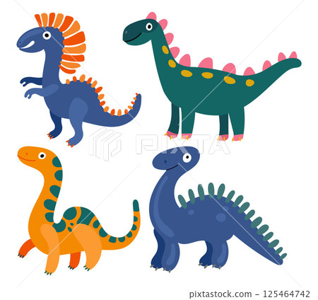 Set of friendly cartoon dinosaurs with bright colors, smiling faces, and playful postures ideal for kids prehistoric themes and fun illustrations Set of friendly cartoon dinosaurs with bright colors, smiling faces, and playful postures ideal for kids prehistoric themes and fun illustrations 125464742