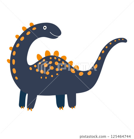 Cute blue dinosaur with orange spikes and dotted back in a friendly pose, perfect for playful jurassic-themed artwork and children decor Cute blue dinosaur with orange spikes and dotted back in a friendly pose, perfect for playful jurassic-themed artwork and children decor 125464744