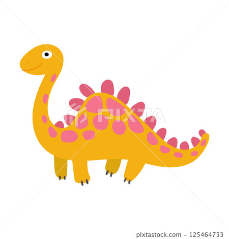 Bright yellow dinosaur with bumpy pink spots and a long curved tail, ideal for storybooks, cartoon art, and cheerful dino-themed stationery 125464753
