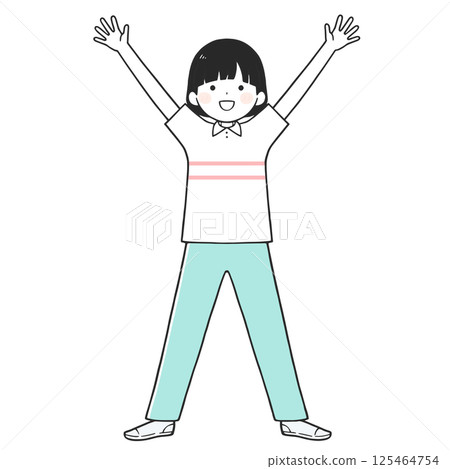 Illustration of a young woman raising her arms in the air 125464754