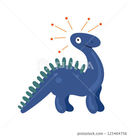 Playful blue dinosaur with round feet and green spines, featuring a friendly face and simple form for youth illustrations, dino games, and prints Playful blue dinosaur with round feet and green spines, featuring a friendly face and simple form for youth illustrations, dino games, and prints 125464756