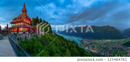 Panorama of Interlaken and Lake Brienz from Harder Kulm in Switzerland Panorama of Interlaken and Lake Brienz from Harder Kulm in Switzerland 125464761