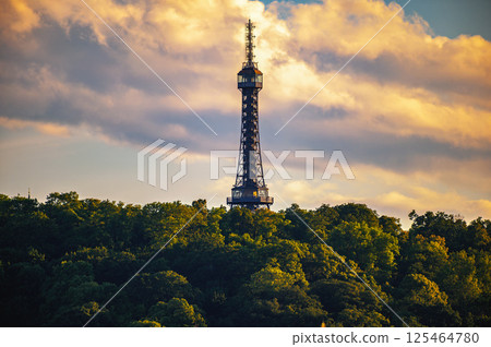 Petrin Lookout Tower Above Trees at Sunset in Prague 125464780