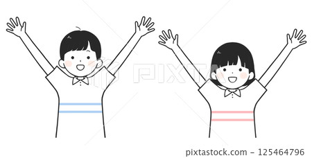 圖解：一位男士和一位女士微笑著舉起雙臂（上半身） 125464796