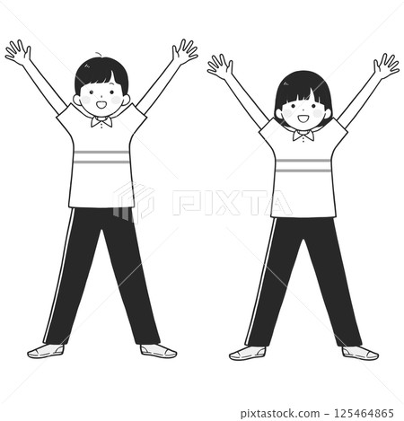 單色插圖，一男一女微笑著舉起雙臂 125464865