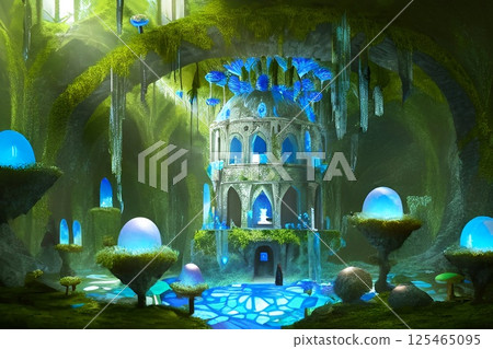Game Background: A mysterious tower deep in a cave filled with slimes and mushrooms 125465095