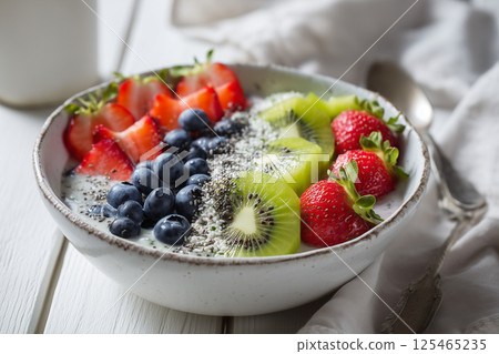 Healthy smoothie bowl with colorful fruits and chia seeds on a bright table, styled for advertising. 125465235