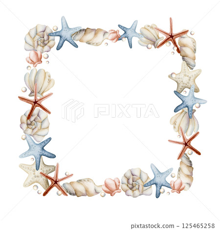 Sea Shells and Starfishes Frame. Cute ocean marine plants animals. Watercolor hand painted summer isolated pastel shades illustration for kids nursery decor baby shower undersea design cards label Sea Shells and Starfishes Frame. Cute ocean marine plants animals. Watercolor hand painted summer isolated pastel shades illustration for kids nursery decor baby shower undersea design cards label 125465258