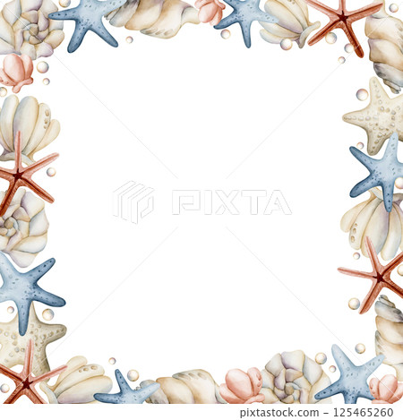 Sea Shells and Starfishes Frame. Cute ocean marine plants animals. Watercolor hand painted summer isolated pastel shades illustration for kids nursery decor baby shower undersea design cards label Sea Shells and Starfishes Frame. Cute ocean marine plants animals. Watercolor hand painted summer isolated pastel shades illustration for kids nursery decor baby shower undersea design cards label 125465260