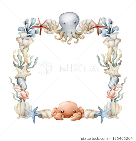 Sea Animals and Plants Frame. Cute octopus, crab, seaweeds, coral, starfish, shell, sponge, pebbles. Watercolor hand painted summer isolated illustration for kids nursery baby shower undersea design 125465264