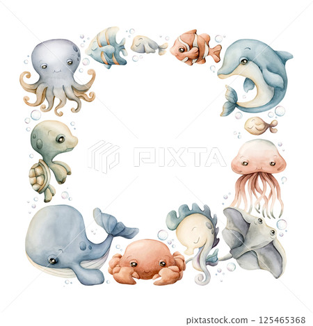Sea animal Frame. Cute ocean creatures. Adorable underwater world marine inhabitants. Whale dolphin turtle fish. Watercolor hand painted summer isolated illustration kids nursery baby shower undersea 125465368
