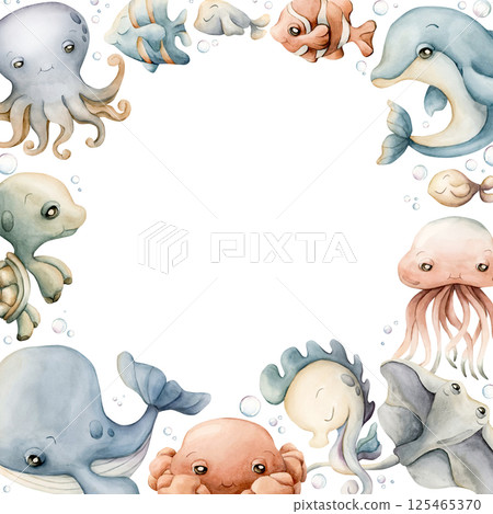 Sea animal Frame. Cute ocean creatures. Adorable underwater world marine inhabitants. Whale dolphin turtle fish. Watercolor hand painted summer isolated illustration kids nursery baby shower undersea 125465370